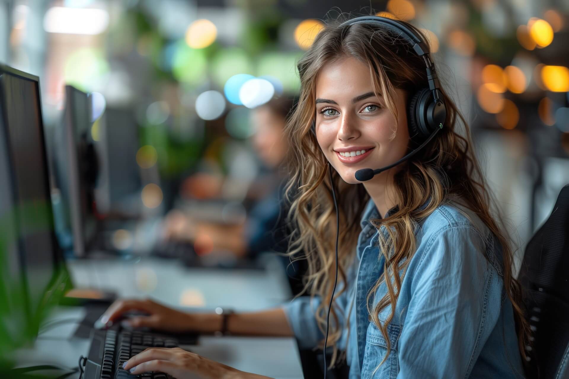 A young woman with a headset, smiling and looking at the camera while working at a computer in an office.
